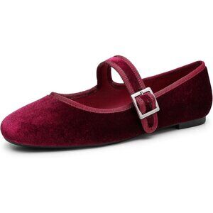 Trary Women's Burgundy Velvet Square Toe Buckle Strap Ballet Mary Jane Shoes